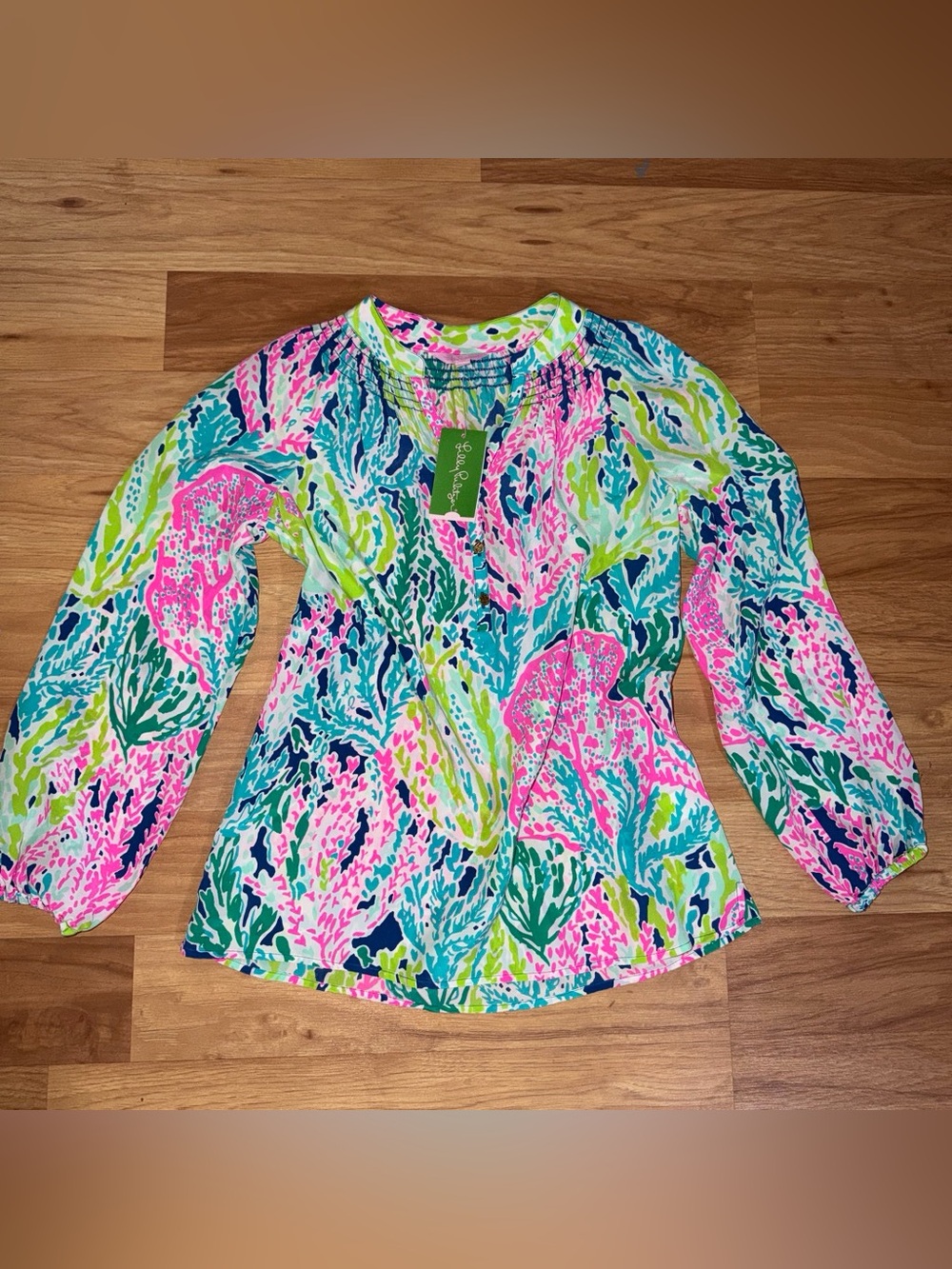 Lilly Pulitzer Pink Green Blue Coral-Print Long Sleeve Elsa silk shirt